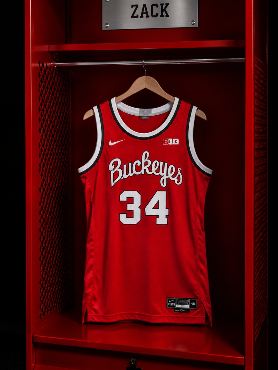 Scott Zack's number 34 Ohio State jersey hanging in a locker